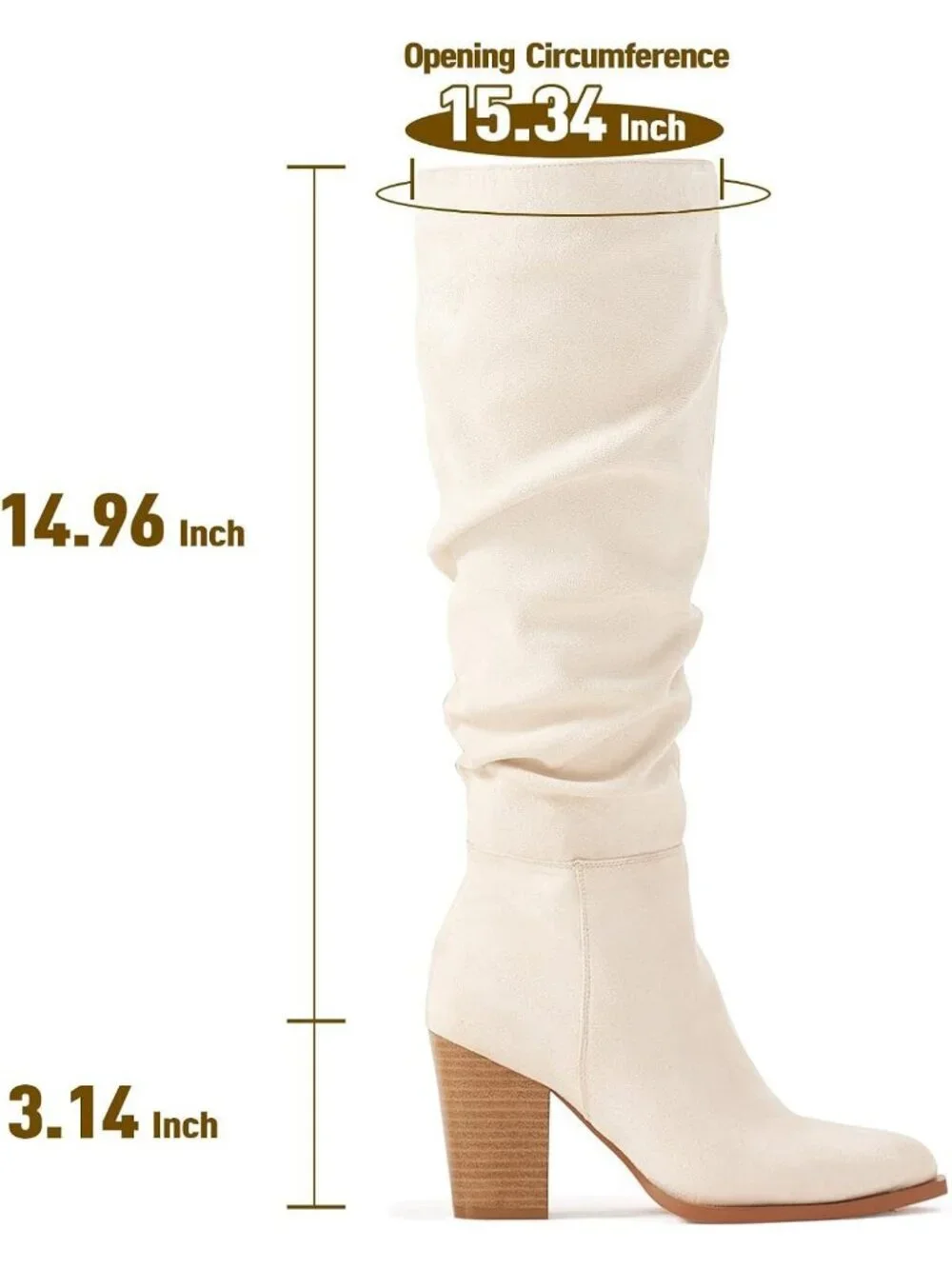 Women's Beige Knee High  Faux Suede Pointed Toe Slouch Boots with Chunky Heel